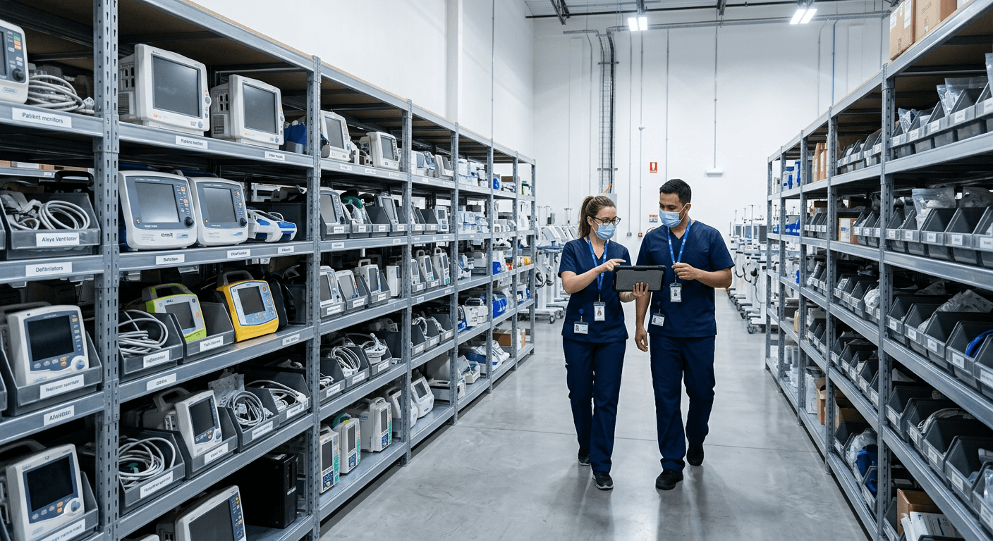 ProMed Source medical equipment acquisition facility — organized inventory of patient monitors, defibrillators, and ventilators