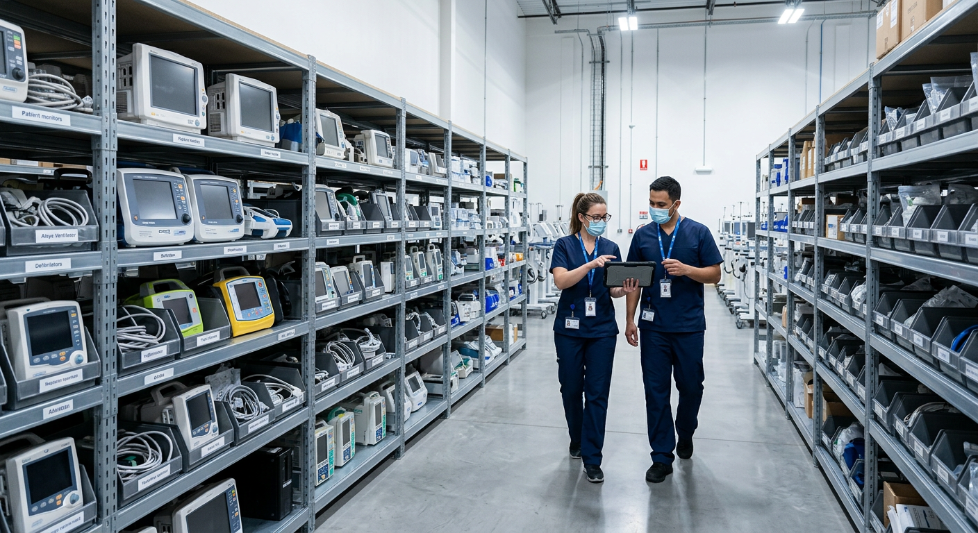 ProMed Source medical equipment acquisition facility — organized inventory of patient monitors, defibrillators, and ventilators